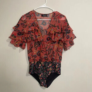 Zara Colorful Floral Ruffle Chiffon Romantic Short Sleeve Bodysuit